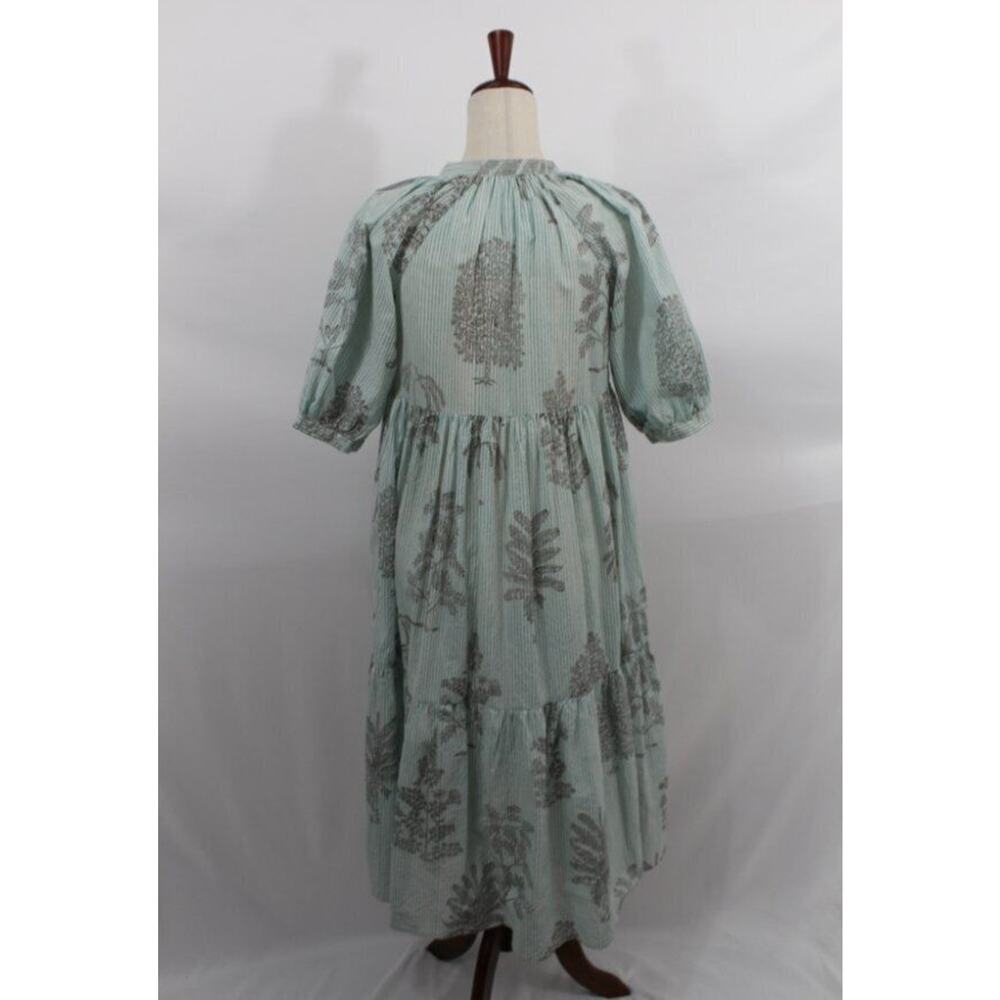 MATTA Sz S Small Aqua Stripe Short Elbow Sleeve Midi Dress Cotton Katia Trees - Picture 4 of 11